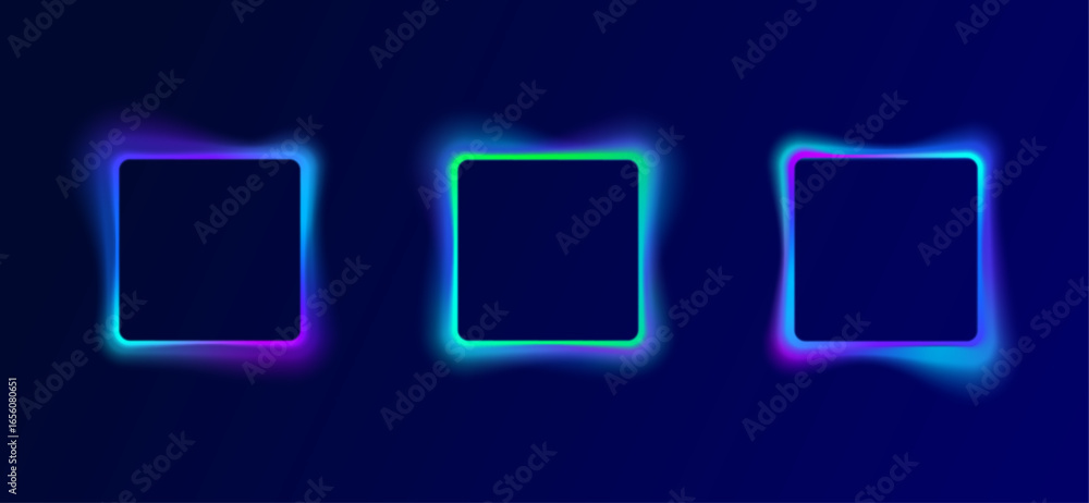 Poster frame holds vibrant circular shapes wave lines glowing light effects blending abstract textures moti