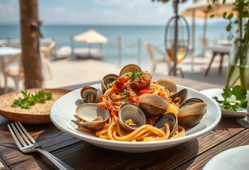 Beach restaurant's spaghetti alle vongole; fresh clams, pasta, sea view,  tasty,  sun