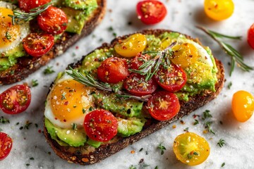 Delicious avocado toast topped with cherry tomatoes and eggs, garnished with herbs, served on a marble countertop
