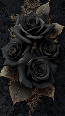 A vivid black rose against a deep black and gold figure, accented with elegant gold floral designs that add a touch of romance and sophistication. luxury feeling black roses with golden touch