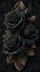 A vivid black rose against a deep black and gold figure, accented with elegant gold floral designs that add a touch of romance and sophistication. luxury feeling black roses with golden touch