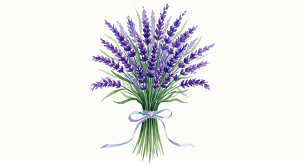 Naklejka premium An elegant bouquet of fresh purple lavender flowers, hand-drawn in a watercolor style with a delicate ribbon bow, isolated on a white background