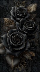 A vivid black rose against a deep black and gold figure, accented with elegant gold floral designs that add a touch of romance and sophistication. luxury feeling black roses with golden touch