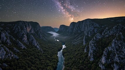 Stunning Nighttime Landscape in Sutjeska National Park with the Neretva River Flowing Through a Mountainous Valley Under a Starry Sky
