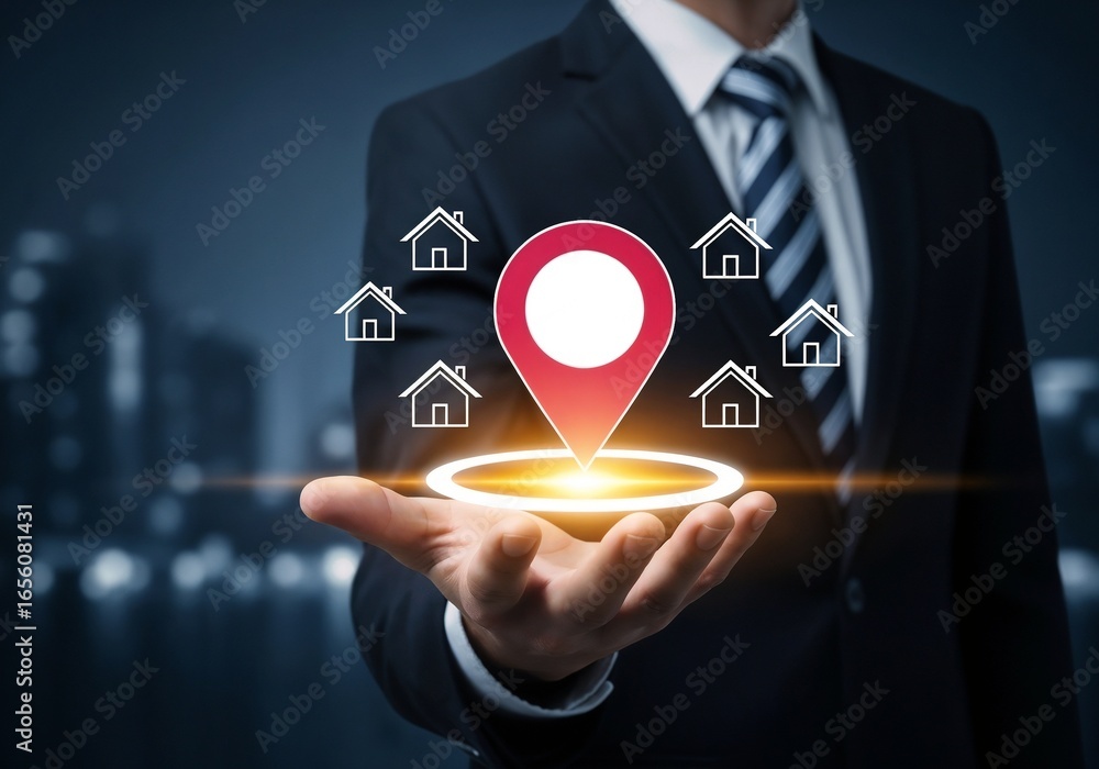 Poster a businessman's open palm with a large, glowing red map pin icon hovering above it, surrounded by sm