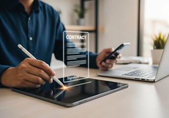 A person uses a stylus to electronically sign a glowing, virtual contract on a tablet in a modern office.