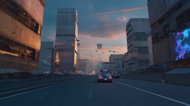 Futuristic flying vehicles and modified classic cars are driving on a street at sunset in a dystopian cyberpunk city with neon signs and decaying buildings