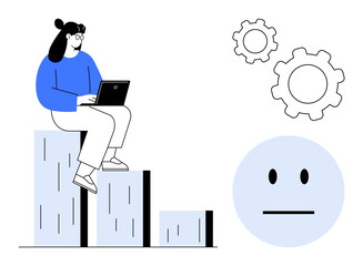Woman using laptop while sitting on bar graph, gears in motion, neutral face symbol. Ideal for productivity, analysis, emotion, teamwork, workflow, strategy simple landing page