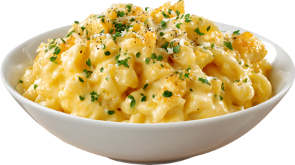 A creamy bowl of classic macaroni and cheese, topped with melted cheddar. This ultimate comfort food shot is ideal for menus as a main or side dish.