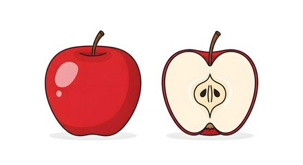 Obraz premium Vibrant Red Apple and its Juicy Cross-Sectional View - A Healthy Fruit Illustration