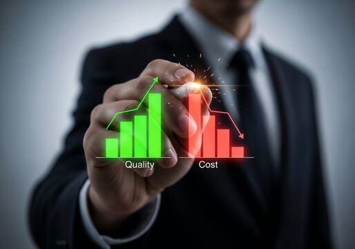 A businessman's hand draws on a virtual chart showing "Quality" increasing (green bars) and "Cost" decreasing (red bars), illustrating optimization.