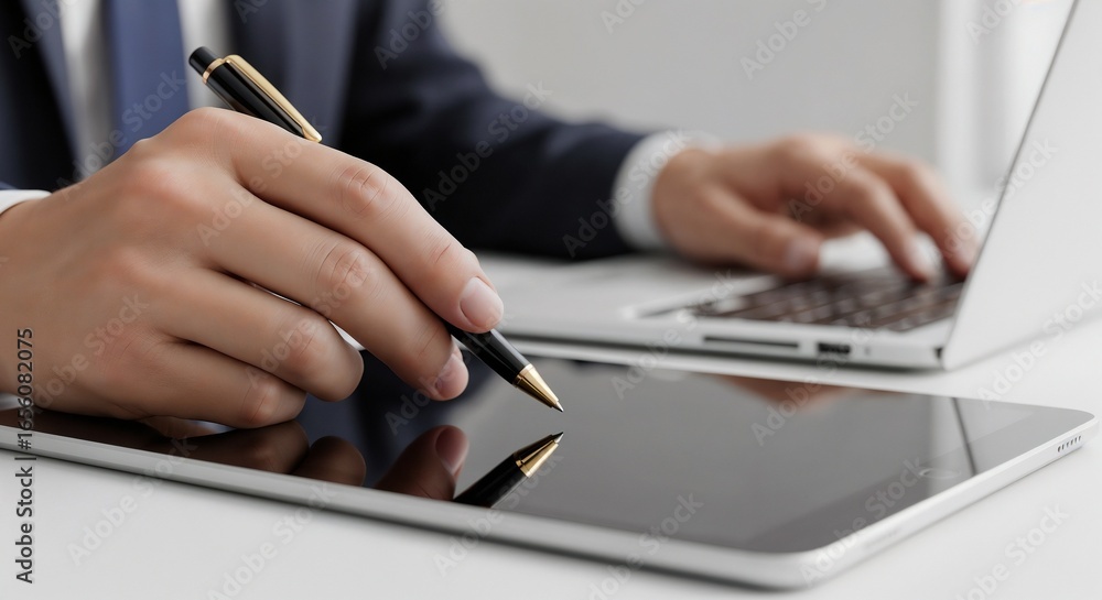 Poster a close-up of a person's hands working simultaneously on a laptop and a tablet with a stylus at a wh