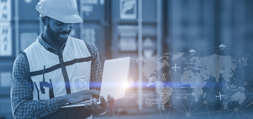 Port cargo shipping customs staff officer working with laptop computer for digital technology banner