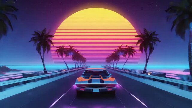 Classic american muscle car driving on a highway into a retro synthwave sunset with palm trees and glowing neon lights, creating a vibrant and nostalgic 80s atmosphere