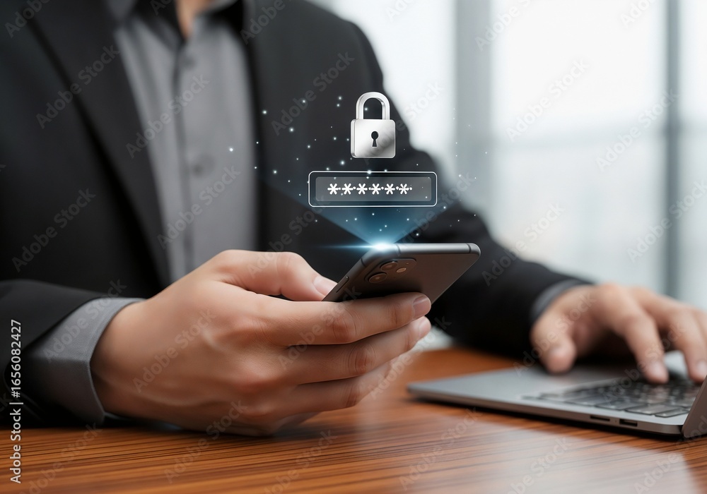 Poster a man holds a smartphone with a holographic padlock and a password entry field floating above it, re