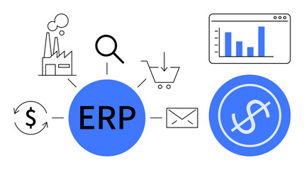 Centralized ERP hub linked to icons of factory, analytics, e-commerce, email, currency, and workflow. Ideal for business flow, efficiency, resource management tech solutions planning automation