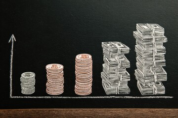 Chalkboard graph showing increasing stacks of coins and money