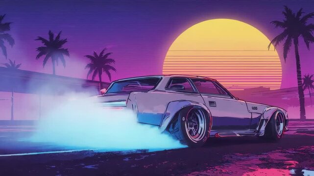 White vintage car drifting gracefully on asphalt during a vibrant sunset, surrounded by palm trees and a captivating neon glow, evokes the retro 80s synthwave outrun aesthetic - Powered by Adobe