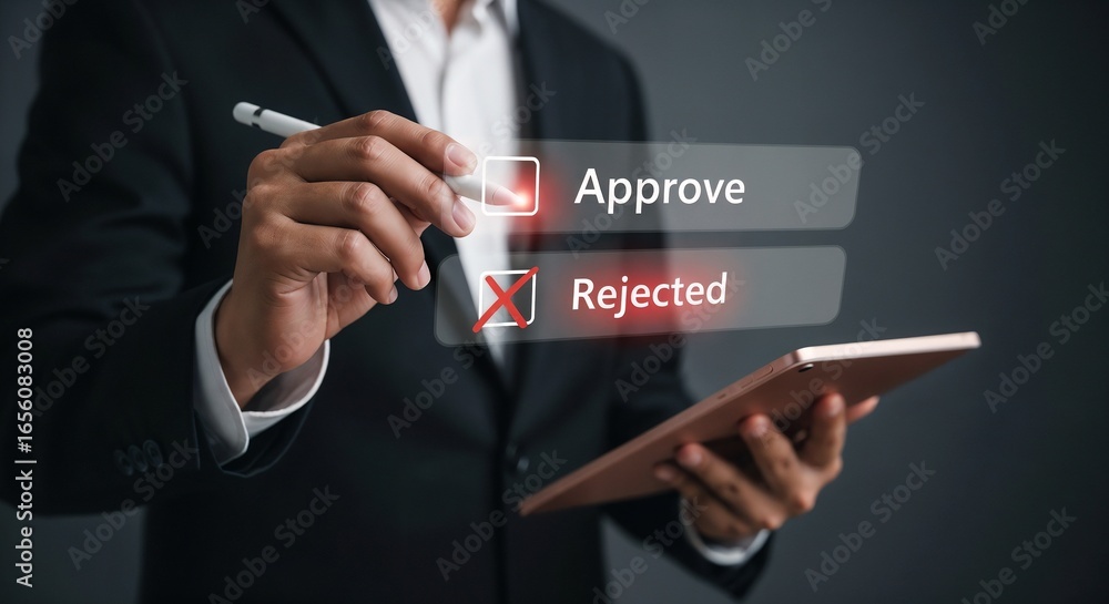Poster a person in a suit uses a stylus on a virtual interface to reject a proposal, with the 