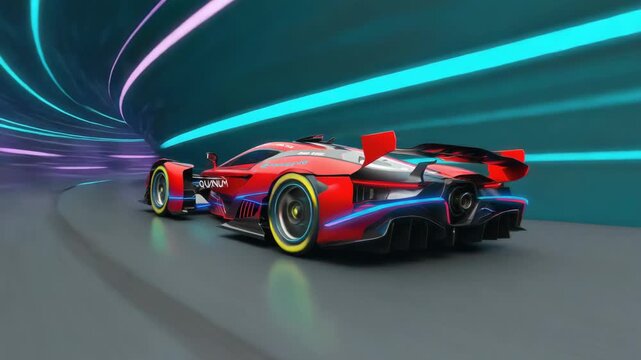 Red and black futuristic racing car speeding through a neon-lit tunnel, showcasing speed, technology, and innovation in a vibrant, dynamic scene
