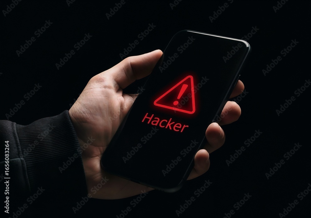 Poster a hand holding a smartphone on a black background. the screen displays a glowing red warning triangl