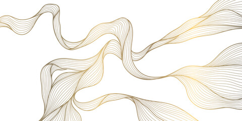 Vector golden line wave on white background, abstract luxury curve premium banner, flow shape. Sea, ocean japanese style elegant illustration.