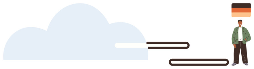 Man in casual attire stands near abstract cloud with gradient rectangle and floating platform lines. Ideal for technology, networking, creativity, innovation, inspiration, progress, connection