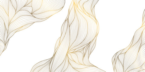 Vector golden line wave on white background, abstract luxury curve premium banner, flow shape. Sea, ocean japanese style elegant illustration.
