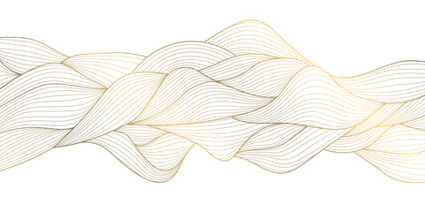 Vector golden line wave on white background, abstract luxury curve premium banner, flow shape. Sea, ocean japanese style elegant illustration.