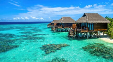 Overwater bungalows on a tropical island paradise