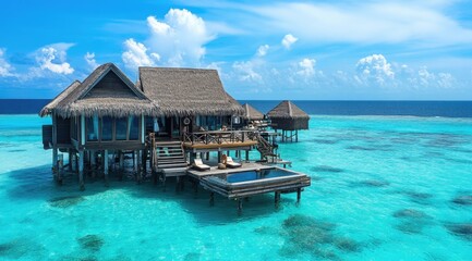 Overwater bungalows in turquoise water