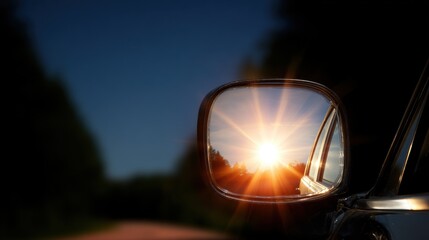 Car's side mirror reflecting a bright sunset or sunrise with sunbeams and silhouettes of trees against a dark blue sky