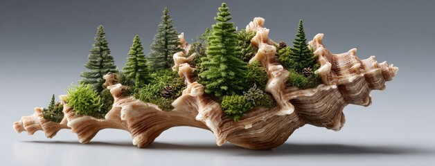 Miniature trees and rocks thrive inside an oversized seashell, blending natural beauty with a touch of futuristic design