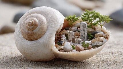 Miniature trees and rocks thrive inside an oversized seashell, blending natural beauty with a touch of futuristic design