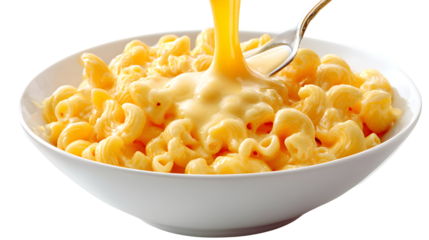 An irresistible spoonful of baked mac and cheese with a gooey cheese pull. This decadent, isolated close-up is perfect for menus and social media posts.