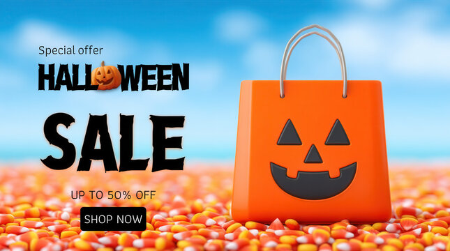 Halloween shopping sale banner, Halloween shopping sale banner with orange bag and candy corn background for festive discount promotion