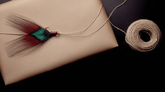 Brown paper wrapped package tied with string and a colorful feather fishing lure alongside a roll of twine on a dark