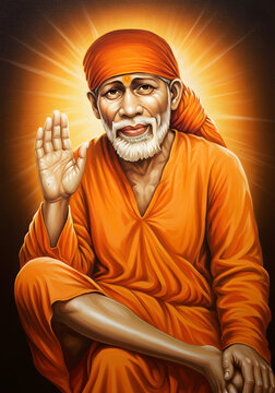 Sai Baba portrait, Indian spiritual guru, religious figure, orange robe, glowing aura, faith, spirituality, devotional image, Hinduism.