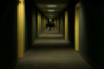 Fototapeta premium Blurred Figure Walking Down Long Dark Hotel Hallway With Yellow Door Frames, motion blur Business concept, motion bokeh background