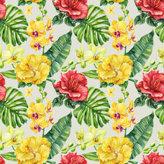 Yellow orchids and hibiscus flowers with monstera and palm leaves watercolor tropical seamless floral botanical pattern