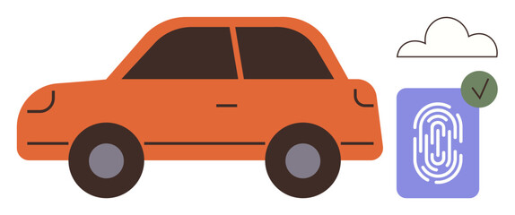 Orange car beside a digital fingerprint pad and cloud outline indicating smart access, security, technology, innovation, mobility, and seamless digital integration. Ideal for automotive, cloud © robu_s