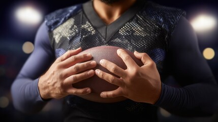 American football player holding a football in his hands wearing a uniform with a dark background featuring stadium