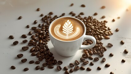 Obraz premium A white coffee cup with a leaf design on it sits on a table with a pile of coffee beans. 