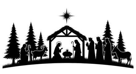 Fototapeta premium Nativity Scene Silhouette with Holy Family, Three Wise Men, and Star | Christmas Story Illustration for Holiday Greetings and Religious Projects