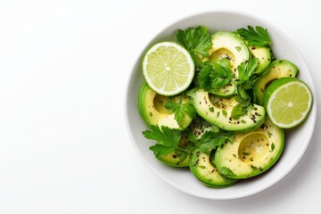 Creamy avocado slices garnished with fresh cilantro and lime on a clean white background