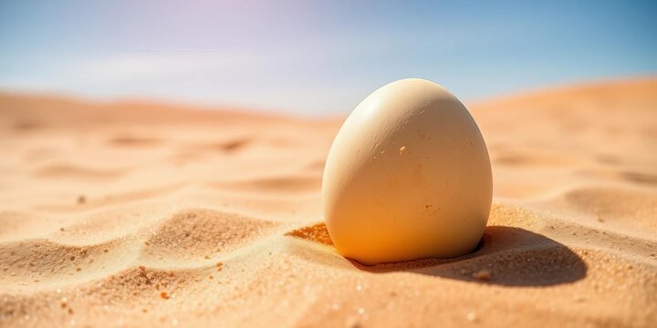 Pastel egg rests on sun-baked sand, vibrant blue sky overhead Desert Easter holiday scene, background, festive