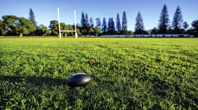An American football sits on a vibrant green grassy field goalposts are visible in the background on a clear day