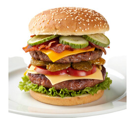 A double cheeseburger with bacon and fresh vegetables isolated on transparent background