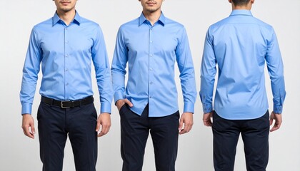 A male model in a blank light blue button-up shirt mockup. Front and back views for smart-casual branding