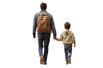 Father and child walking hand in hand isolated on transparent background. Father and son walking back view isolated on white background.